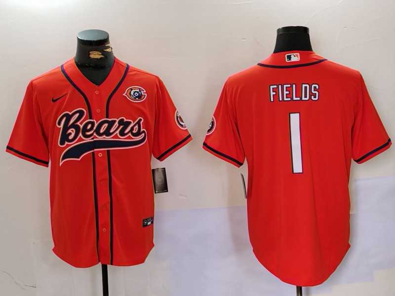 Mens Chicago Bears #1 Justin Fields Orange Throwback With Patch Cool Base Stitched Baseball Jersey